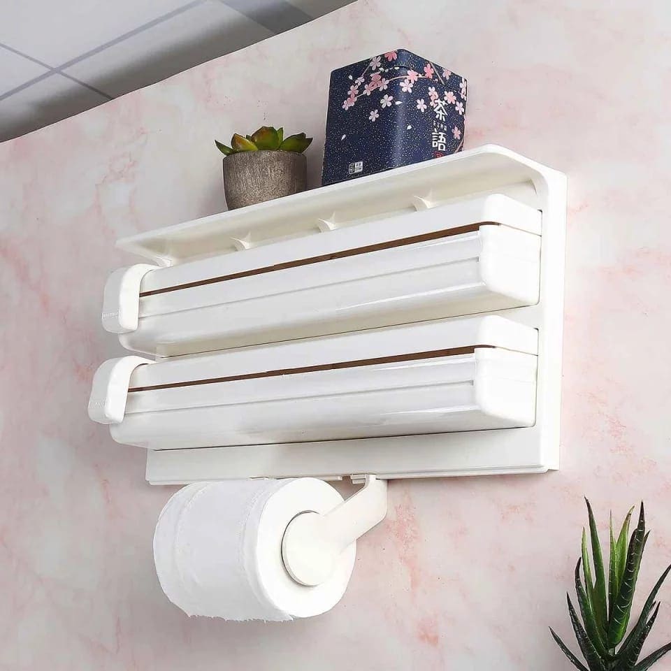 3 In 1 Multifunctional Kitchen Roll Holder, Cling Film Wall Mounted Paper Holder Shelf, Triple Food Wrap Dispenser, Kitchen Roll Holder With Spice Rack and Slide Cutter, Multifunctional Cling Film Cutter 3 In 1 Multifunctional Kitchen Roll Holder, Cling Film Wall Mounted Paper Holder Shelf, Triple Food Wrap Dispenser, Kitchen Roll Holder With Spice Rack and Slide Cutter, Multifunctional Cling Film Cutter